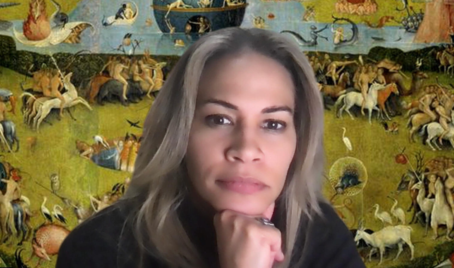 feminine person with long blonde hair leaning on fist. background is hieronymus bosch's garden of earthly delights